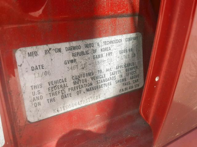 KL1TD56647B115524 - 2007 CHEVROLET AVEO BASE წითელი ფოტო 10