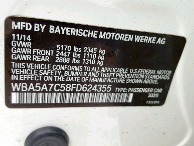 WBA5A7C58FD624355 - 2015 BMW 528 XI WHITE photo 10