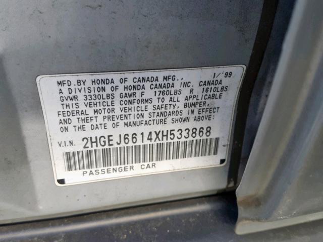 2HGEJ6614XH533868 - 1999 HONDA CIVIC BASE Gümüş foto 10