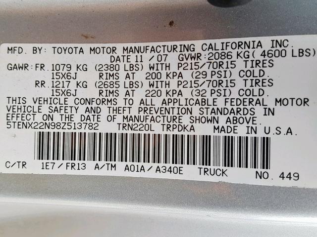 5TENX22N98Z513782 - 2008 TOYOTA TACOMA SILVER photo 10