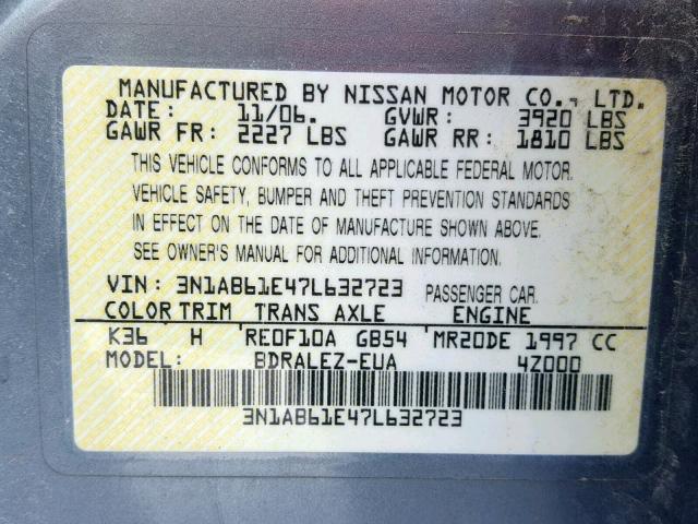 3N1AB61E47L632723 - 2007 NISSAN SENTRA 2.0 GRAY photo 10