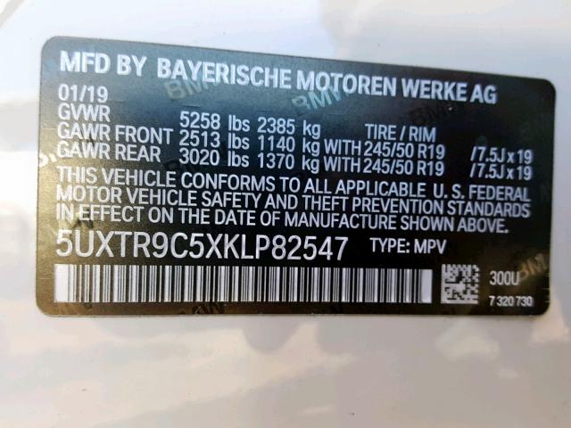 5UXTR9C5XKLP82547 - 2019 BMW X3 XDRIVE3 WHITE photo 10