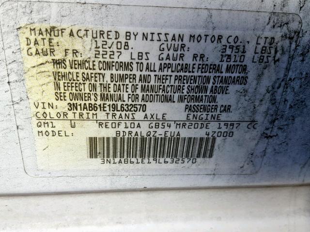 3N1AB61E19L632570 - 2009 NISSAN SENTRA 2.0 WHITE photo 10