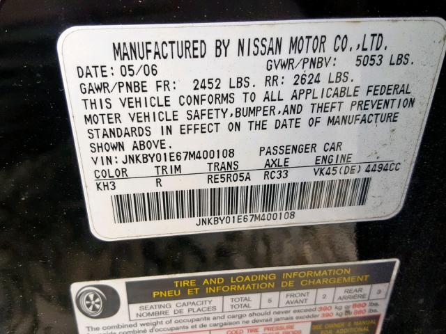 JNKBY01E67M400108 - 2007 INFINITI M45 BASE BLACK photo 10