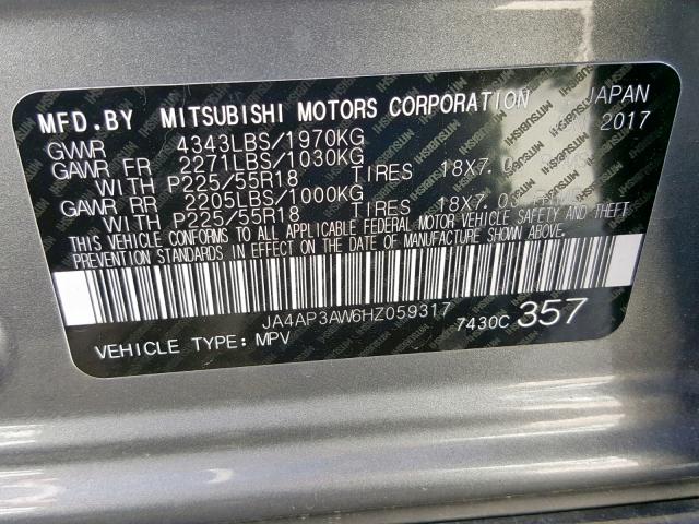 JA4AP3AW6HZ059317 - 2017 MITSUBISHI OUTLANDER SILVER photo 10