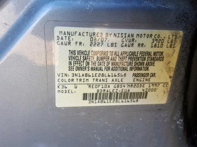 3N1AB61E28L616568 - 2008 NISSAN SENTRA 2.0 GRAY photo 10