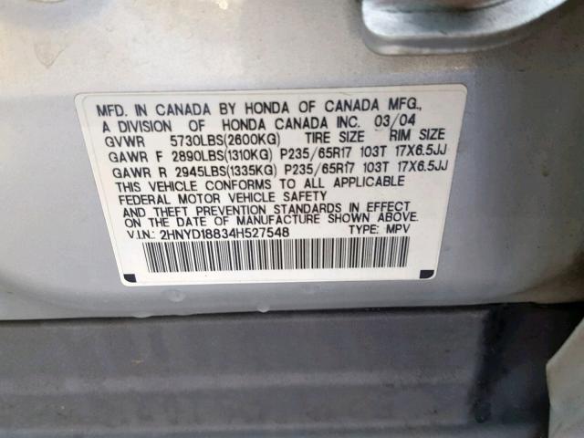 2HNYD18834H527548 - 2004 ACURA MDX TOURIN SILVER photo 10