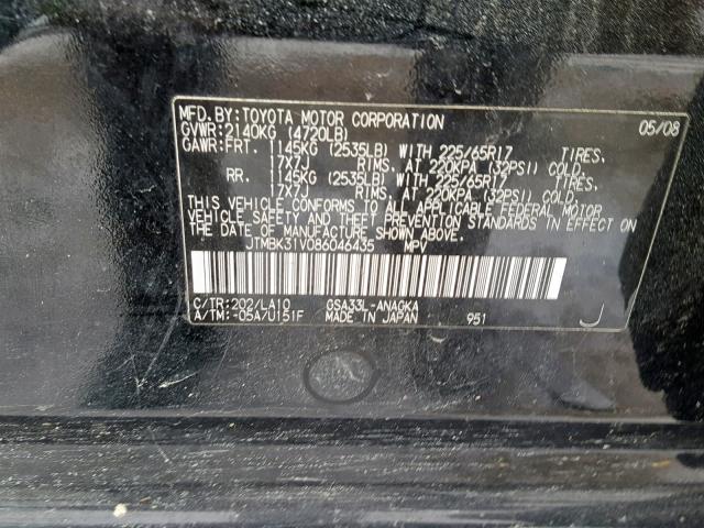 JTMBK31V086046435 - 2008 TOYOTA RAV4 LIMIT BLACK photo 10