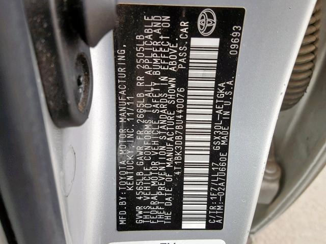 4T1BK3DB7BU440076 - 2011 TOYOTA AVALON BAS SILVER photo 10