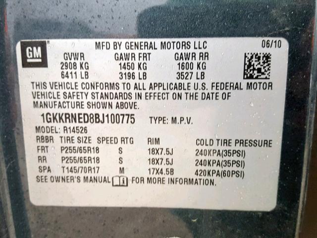 1GKKRNED8BJ100775 - 2011 GMC ACADIA SLE GRAY photo 10