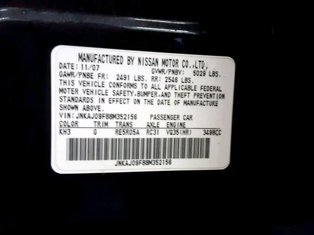 JNKAJ09F88M352156 - 2008 INFINITI EX35 BASE BLACK photo 10