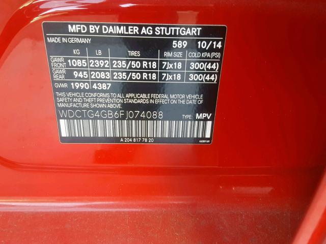 WDCTG4GB6FJ074088 - 2015 MERCEDES-BENZ GLA 250 4M RED photo 10