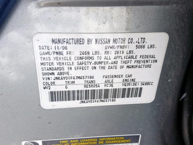 JNKAY01F47M457184 - 2007 INFINITI M35 BASE GRAY photo 10