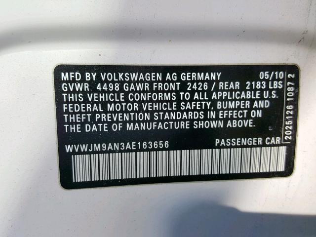 WVWJM9AN3AE163656 - 2010 VOLKSWAGEN PASSAT KOM WHITE photo 10