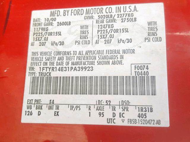 1FTYR14E31PA39923 - 2001 FORD RANGER SUP RED photo 10