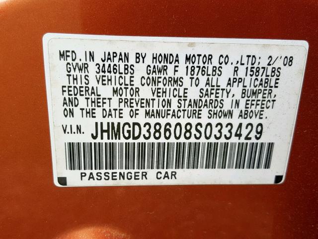 JHMGD38608S033429 - 2008 HONDA FIT ORANGE photo 10