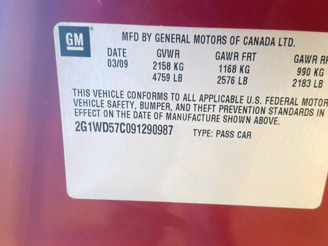 2G1WD57C091290987 - 2009 CHEVROLET IMPALA SS RED photo 10