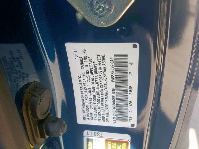 2HGFG3B04CH515816 - 2012 HONDA CIVIC EXL BLUE photo 10