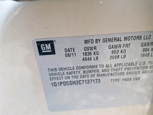 1G1PD5SH2C7137173 - 2012 CHEVROLET CRUZE LS GOLD photo 10