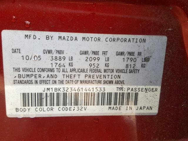 JM1BK323461441533 - 2006 MAZDA 3 S RED photo 10