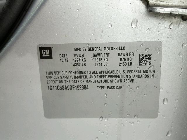 1G11C5SA9DF192884 - 2013 CHEVROLET MALIBU 1LT 银色 照片 10