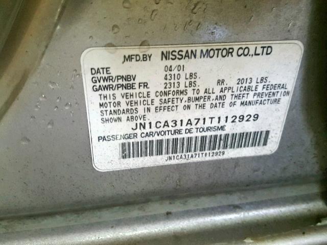 JN1CA31A71T112929 - 2001 NISSAN MAXIMA GXE GRAY photo 10