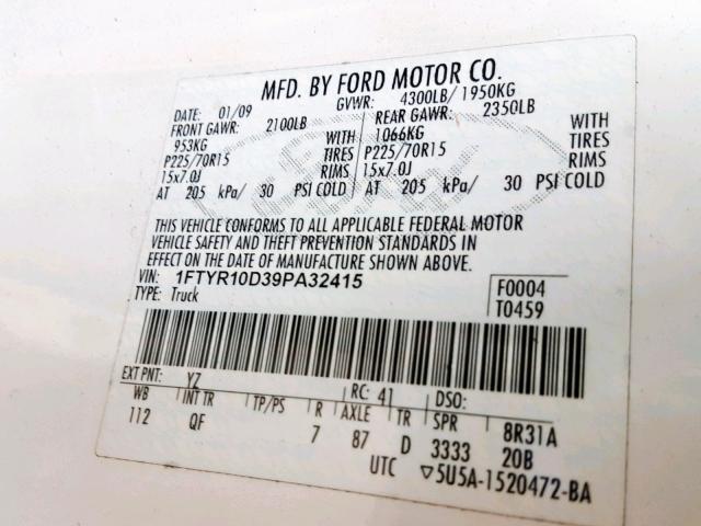 1FTYR10D39PA32415 - 2009 FORD RANGER WHITE photo 10