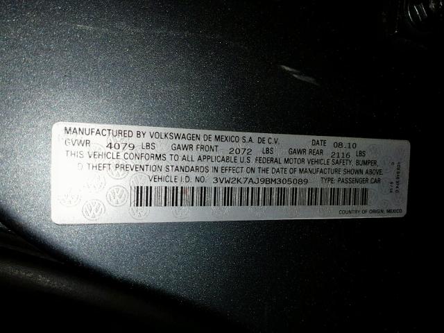 3VW2K7AJ9BM305089 - 2011 VOLKSWAGEN JETTA BASE GRAY photo 10