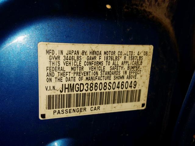 JHMGD38608S046049 - 2008 HONDA FIT BLUE photo 10