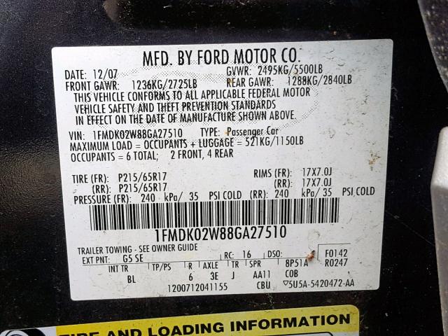 1FMDK02W88GA27510 - 2008 FORD TAURUS X S GRAY photo 10