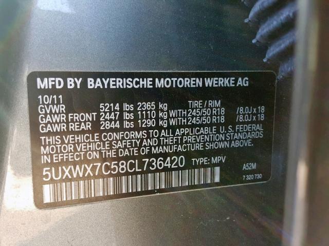 5UXWX7C58CL736420 - 2012 BMW X3 XDRIVE3 GRAY photo 10