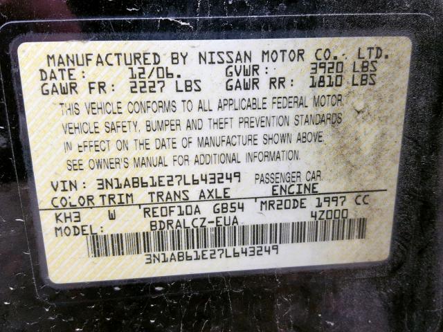 3N1AB61E27L643249 - 2007 NISSAN SENTRA 2.0 BLACK photo 10