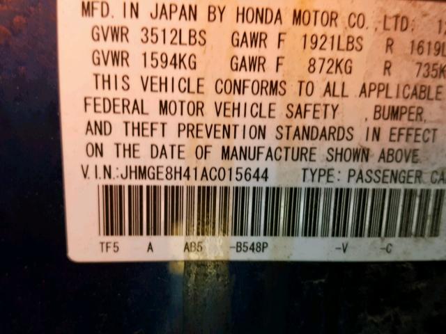 JHMGE8H41AC015644 - 2010 HONDA FIT SPORT BLUE photo 10