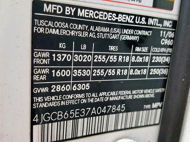 4JGCB65E37A047845 - 2007 MERCEDES-BENZ R 350 WHITE photo 10