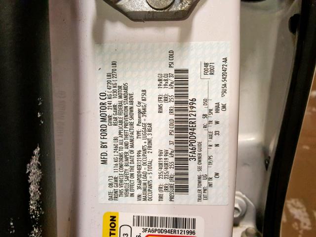 3FA6P0D94ER121996 - 2014 FORD FUSION TIT WHITE photo 10