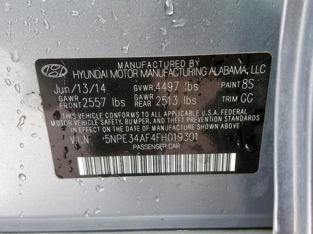 5NPE34AF4FH019301 - 2015 HYUNDAI SONATA SPO SILVER photo 10