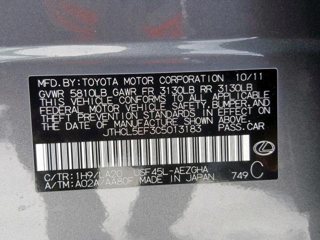 JTHCL5EF3C5013183 - 2012 LEXUS LS 460 GRAY photo 10