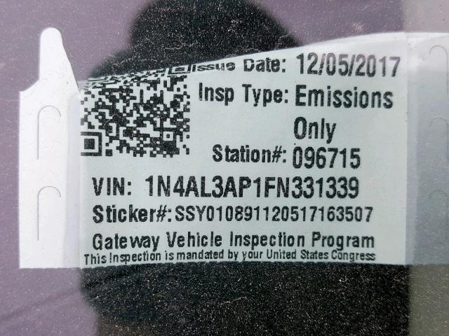 1N4AL3AP1FN331339 - 2015 NISSAN ALTIMA 2.5 GRAY photo 10