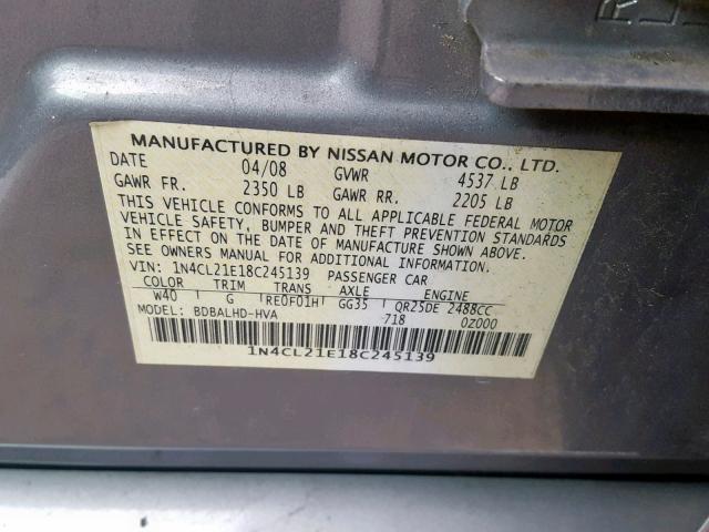 1N4CL21E18C245139 - 2008 NISSAN ALTIMA HYB GRAY photo 10