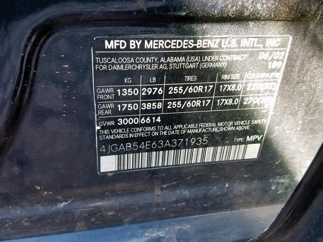 4JGAB54E63A371935 - 2003 MERCEDES-BENZ ML 320 BLUE photo 10