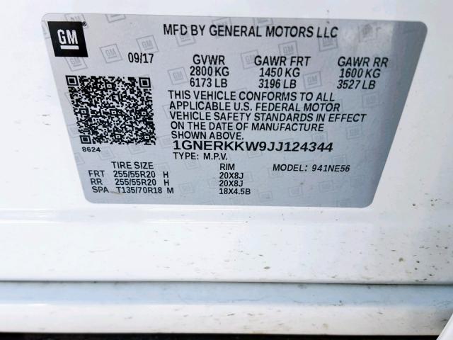 1GNERKKW9JJ124344 - 2018 CHEVROLET TRAVERSE P WHITE photo 10