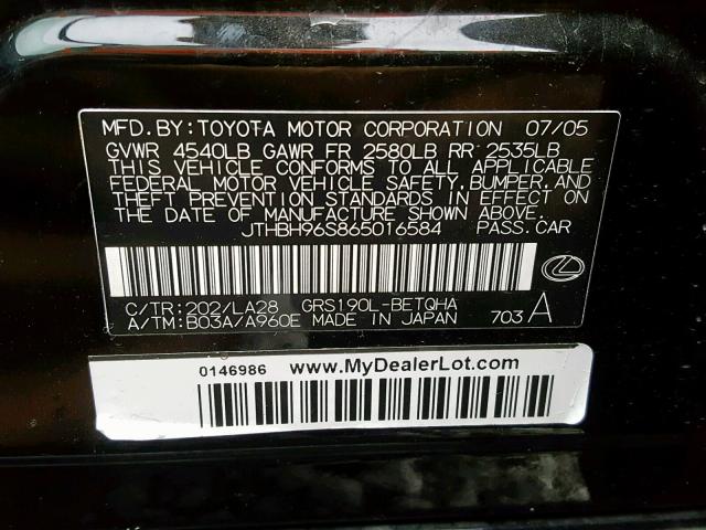 JTHBH96S865016584 - 2006 LEXUS GS GENERAT BLACK photo 10