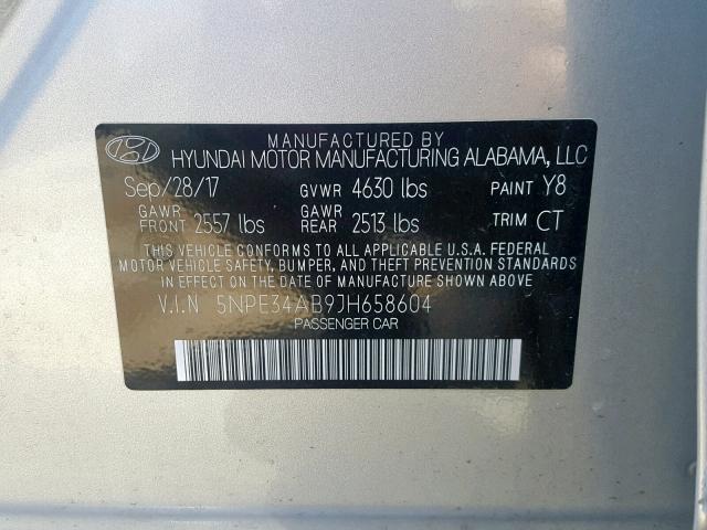 5NPE34AB9JH658604 - 2018 HYUNDAI SONATA SPO SILVER photo 10