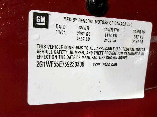 2G1WF55E759233308 - 2005 CHEVROLET IMPALA MAROON photo 10
