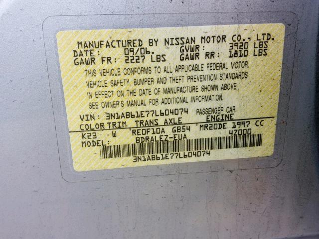 3N1AB61E77L604074 - 2007 NISSAN SENTRA 2.0 SILVER photo 10