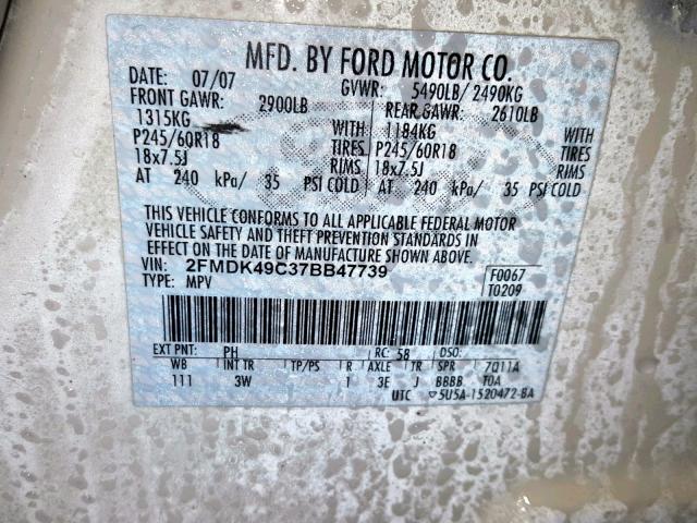 2FMDK49C37BB47739 - 2007 FORD EDGE SEL P WHITE photo 10