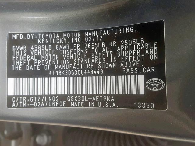 4T1BK3DB3CU448449 - 2012 TOYOTA AVALON BAS GRAY photo 10