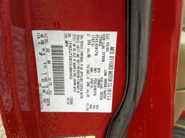 1FMZU74W33UB85933 - 2003 FORD EXPLORER E RED photo 10