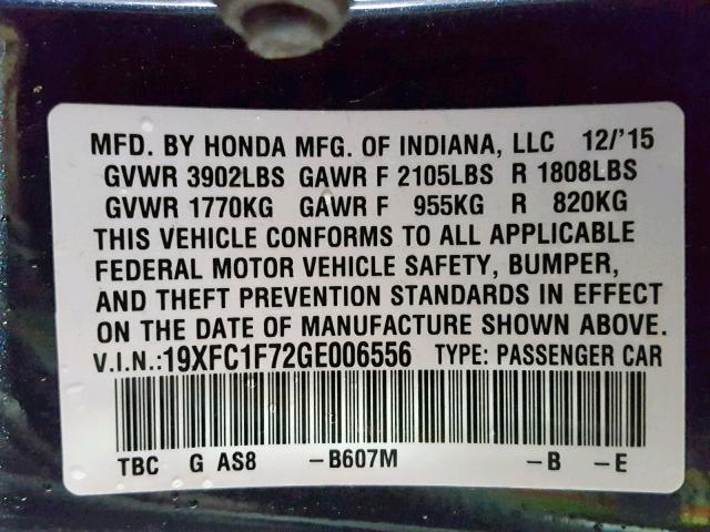 19XFC1F72GE006556 - 2016 HONDA CIVIC EXL BLUE photo 10