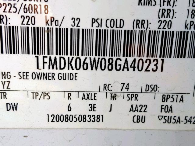 1FMDK06W08GA40231 - 2008 FORD TAURUS X L WHITE photo 10